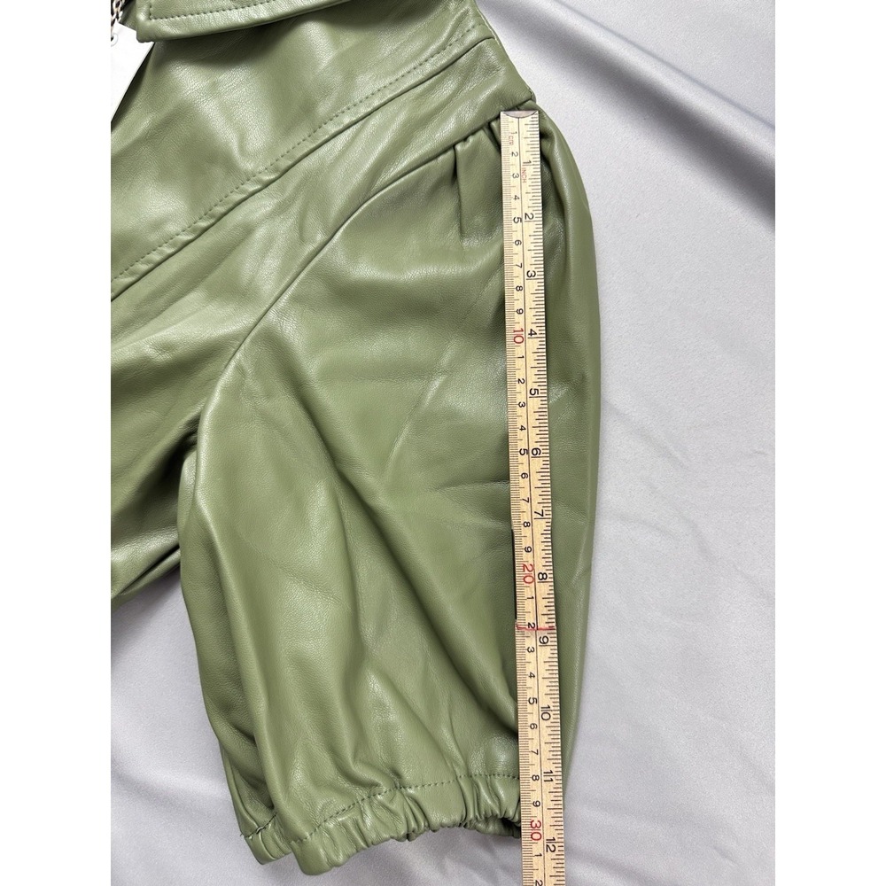 Ellison‎ Faux Leather Dress Sage Green Belted Puff Sleeve Quiet Luxury - Picture 15 of 16